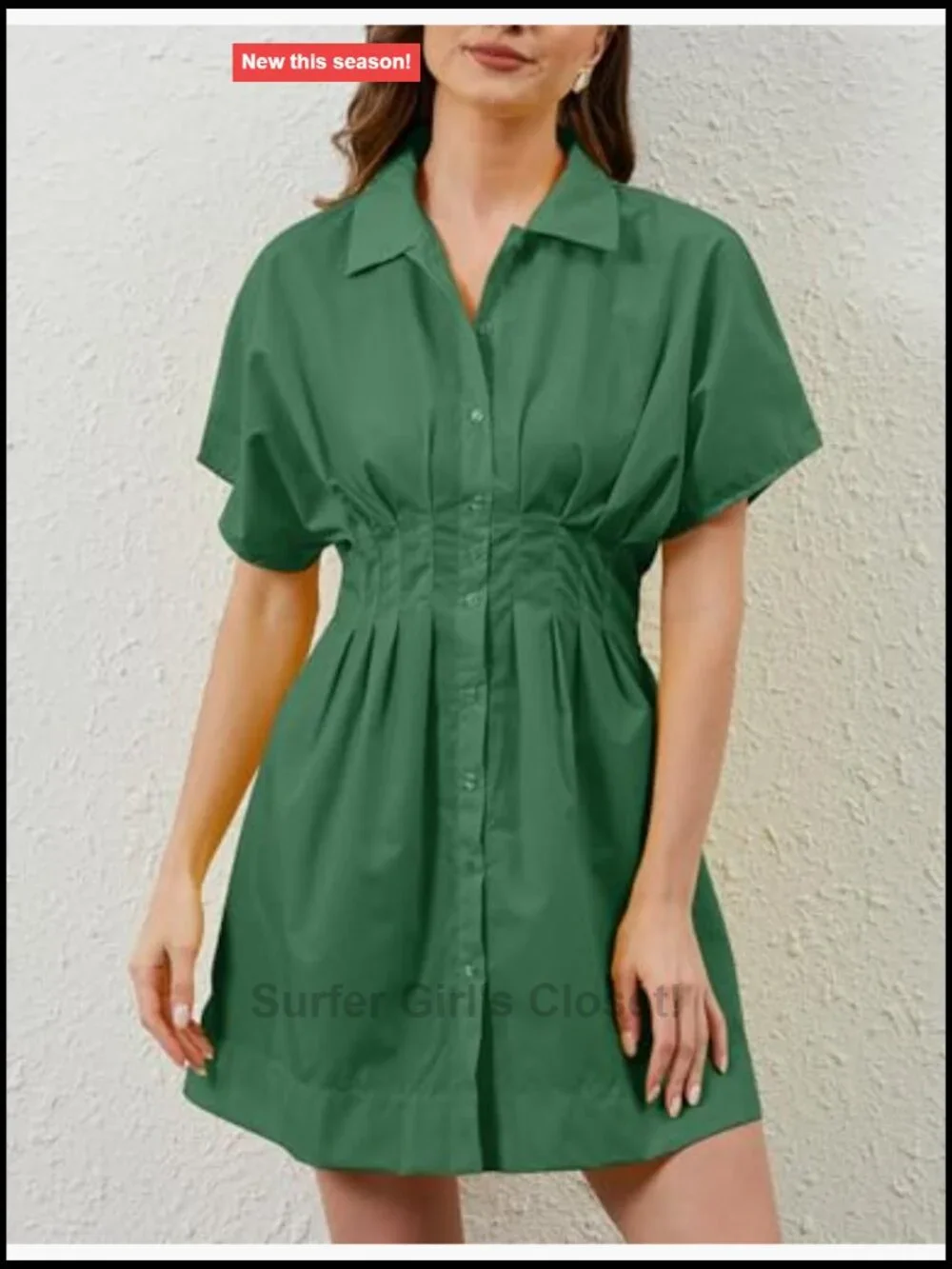 Pleated Button Down Shirt Dress Short Sleeve Mini A-Line